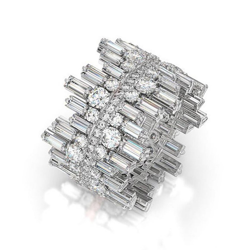 NEW Silver Baguette Round Diamond Wide Band Ring - Picture 4 of 7